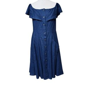 Saks Fifth Avenue Linen Off Shoulder Dress Size 14 Blue Sustainable Cottagecore